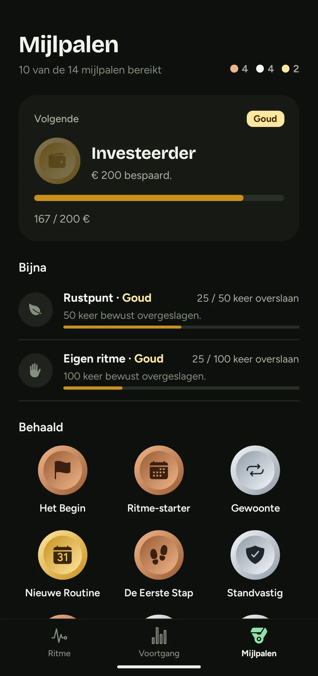Mijlpalen in RYTH met bronzen, zilveren en gouden medailles