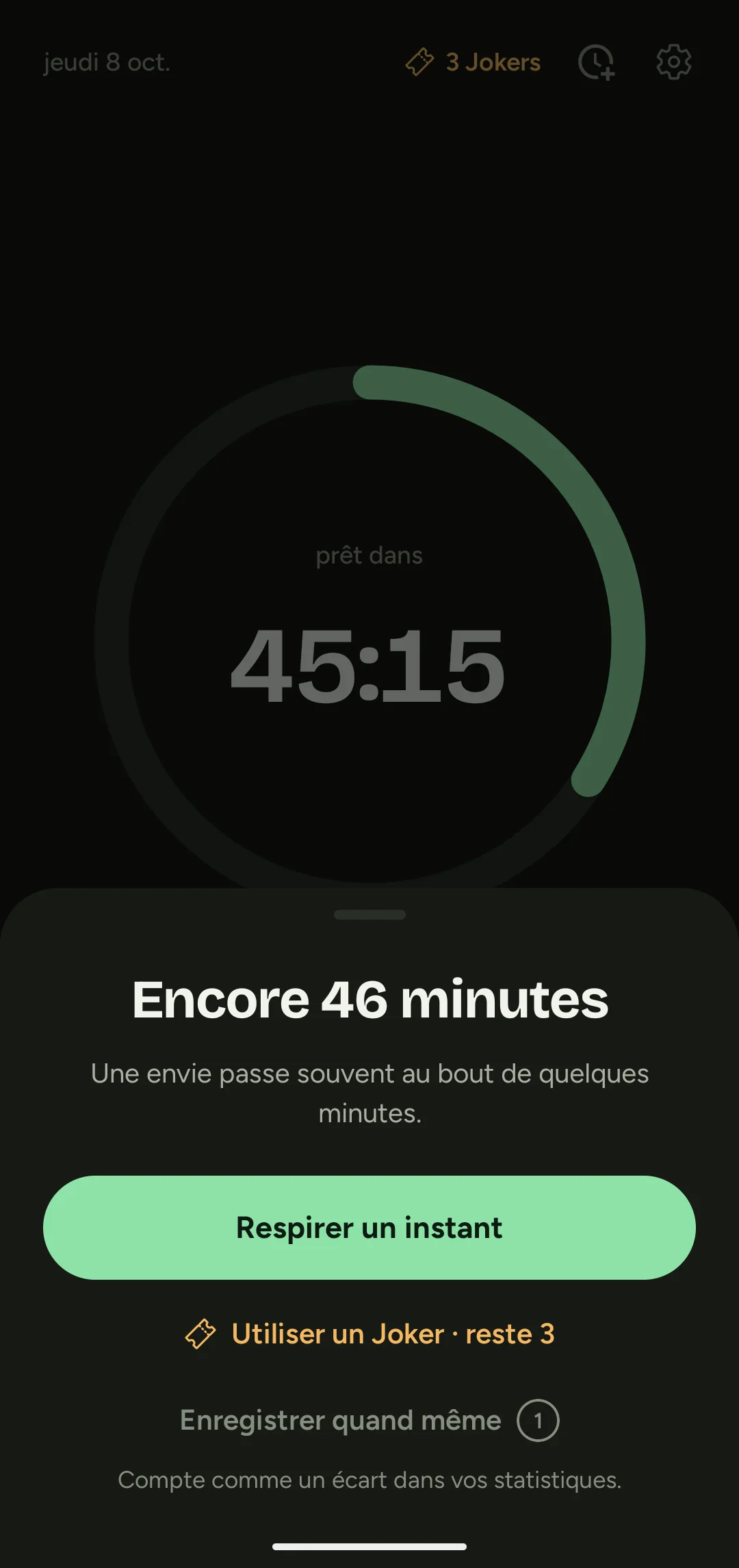 Écran envie de RYTH avec exercice de respiration et Joker