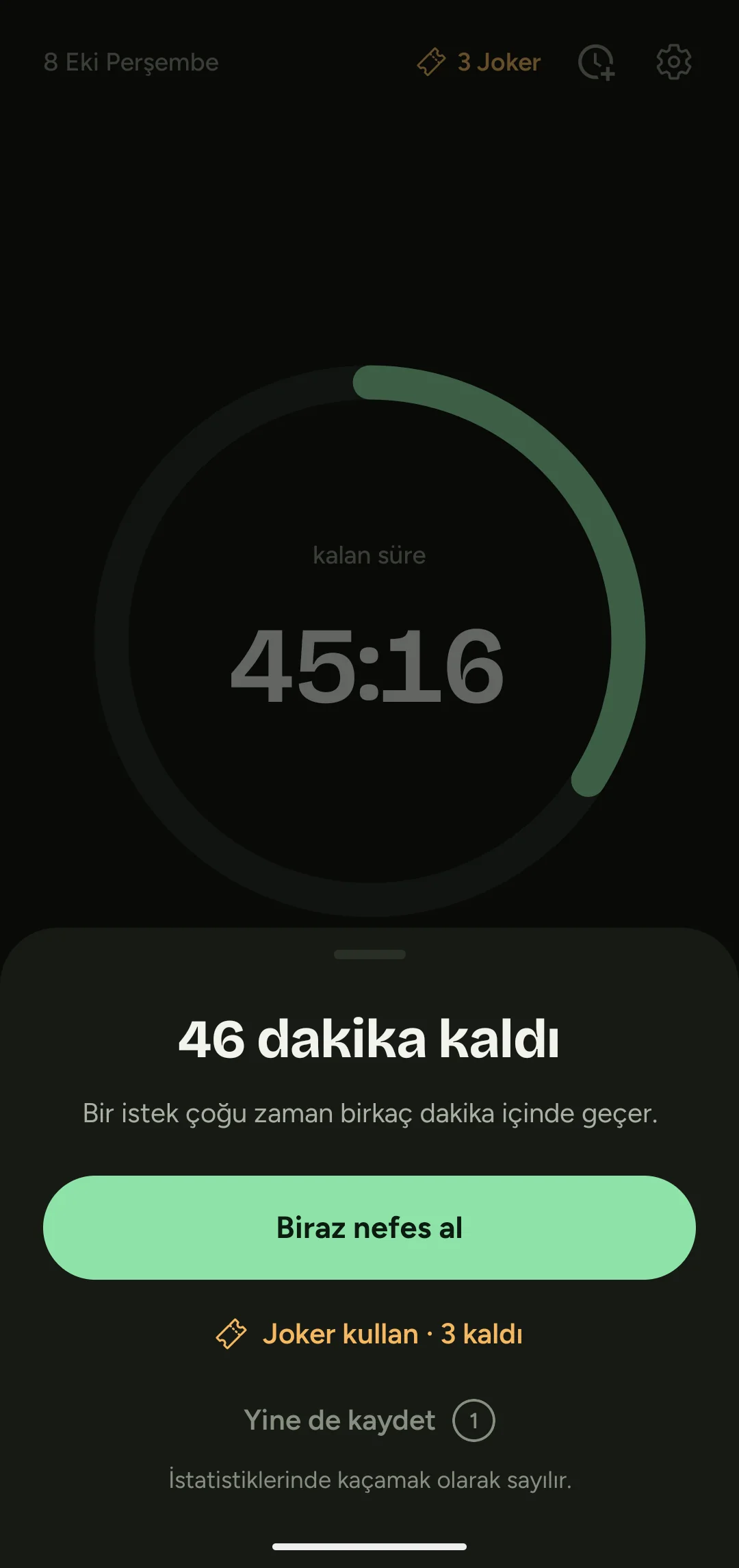 Nefes egzersizi ve Joker ile RYTH istek ekranı